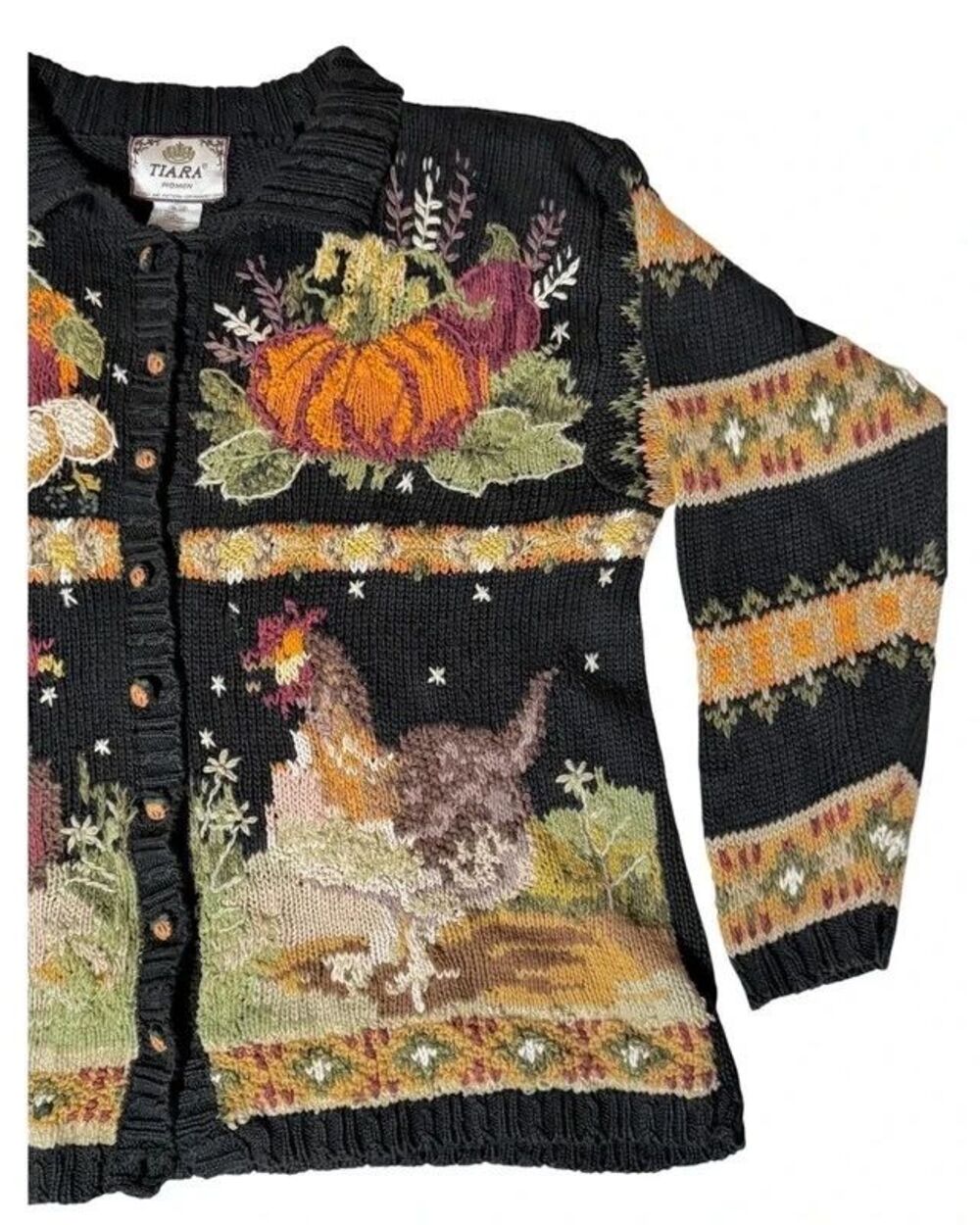 Halloween Kitschy Novelty Autumn Pumpkin Rooster Harvest Tiara Cardigan US 18/20 - Picture 2 of 11